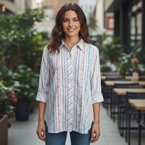 Koret Woman Pastel Striped Button Down Shirt With Embbroidery Detail